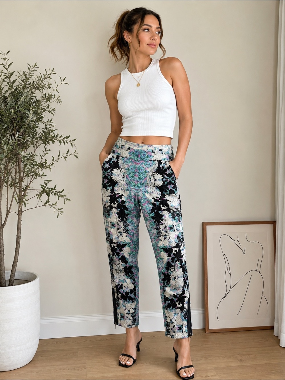 Textured Floral Jacquard Ankle Pants | Cigarette Pant, Crystal Accent |